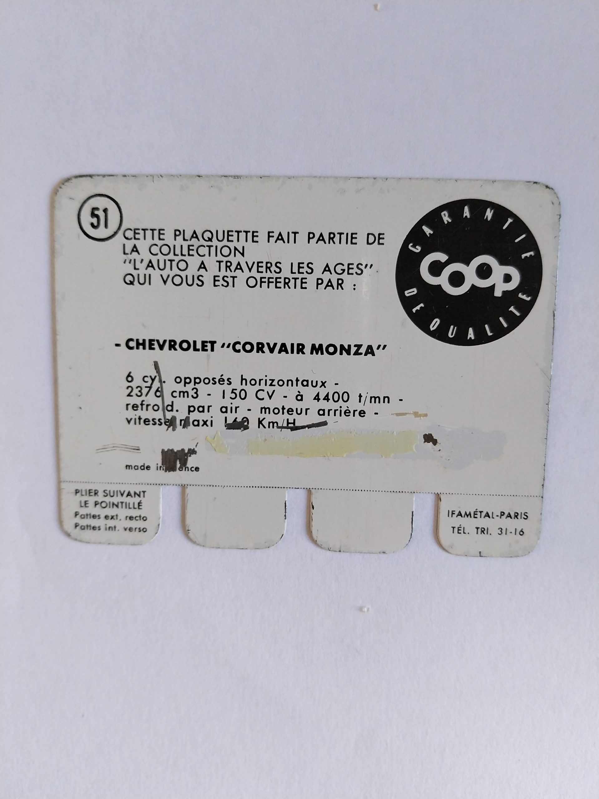 Carte automobile COOP 1964 N°51 -CHEVROLET CORVAIR MONZA Carte automobile COOP 1964 N°51 -CHEVROLET CORVAIR MONZA  -  Le métal