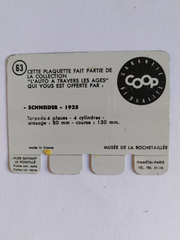 Carte automobile COOP 1964 N°63 – SCHNEIDER 1925  -  Le métal
