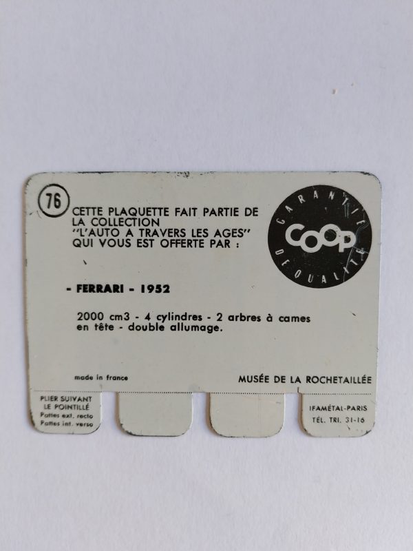 Carte automobile COOP 1964 N°76 – FERRARI 1952  -  Le métal