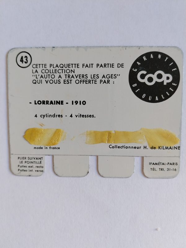 Carte automobile COOP 1964 N°43 – LORRAINE 1910  -  Le métal